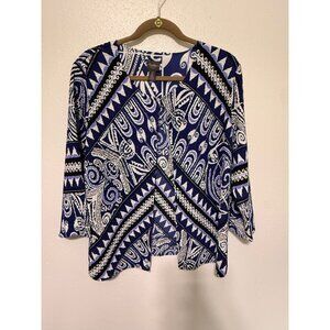Chico's Traveler Cardigan Jacket Blue Black Geometric Crinkle Womans 2/L